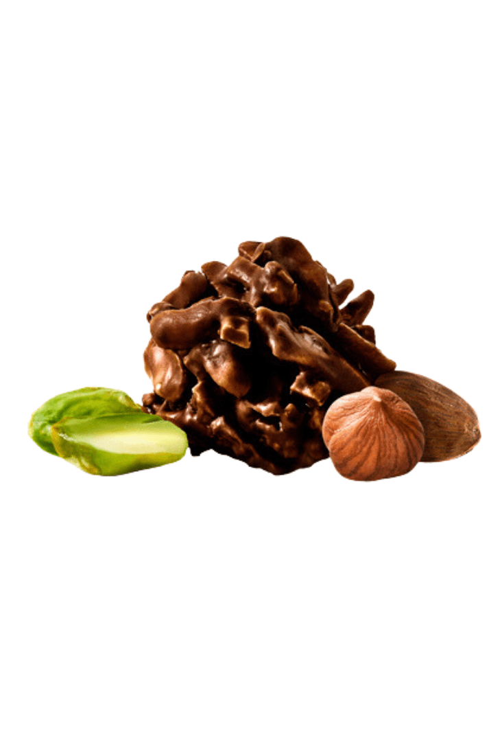 ROCAS DE CHOCOLATE NEGRO, ALMENDRA, AVELLANA, PISTACHO Granja Luisiana